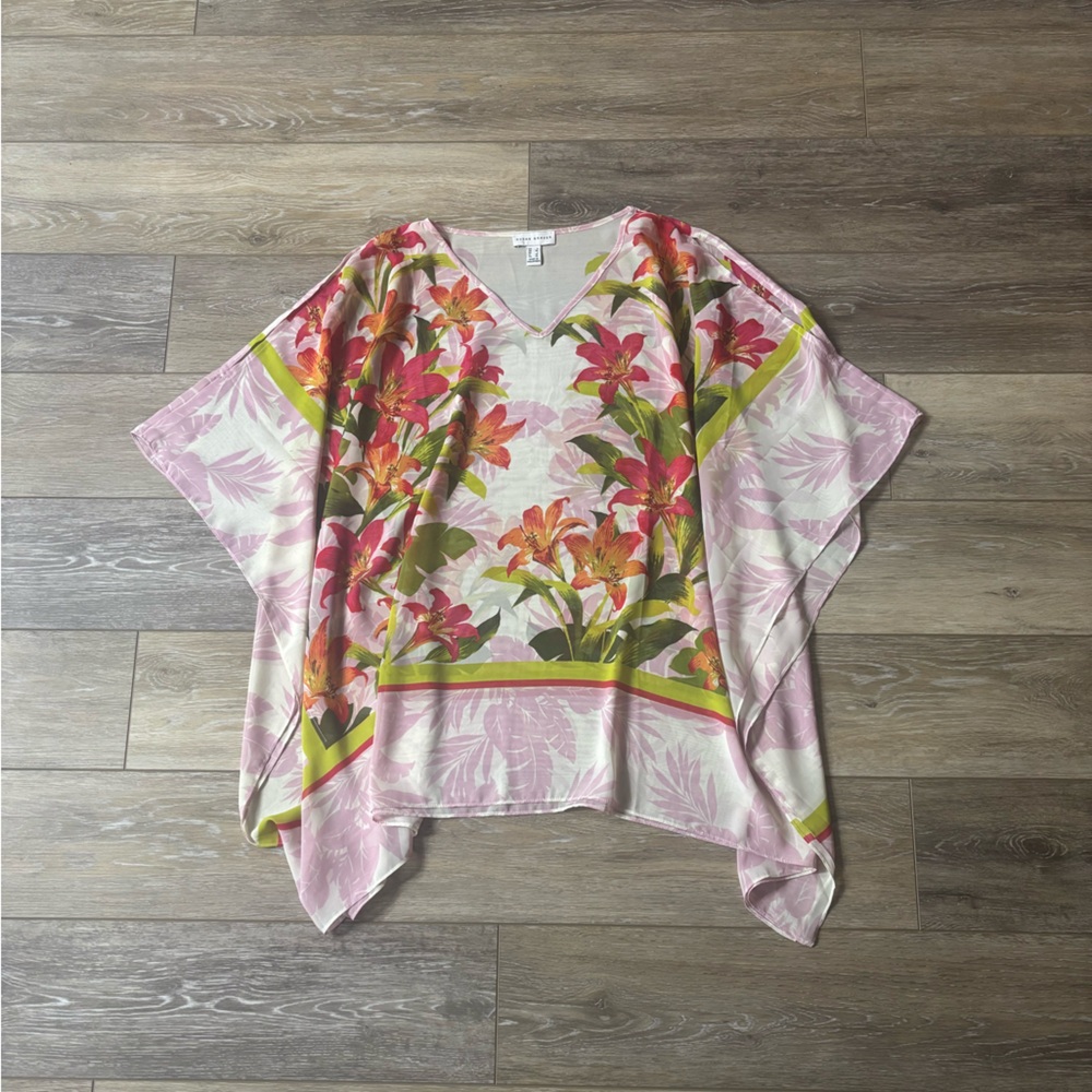 Susan Graver Kimono Top Sz L Sheer Tropical Floral Poncho Beach Cruise Vacation